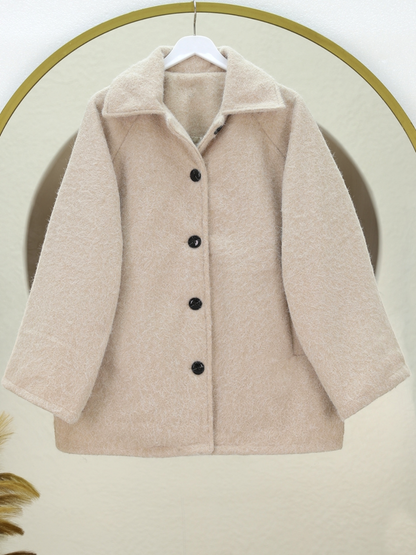 Çift Cepli Önü Düğmeli Astarlı Buklet Kaban -Bej