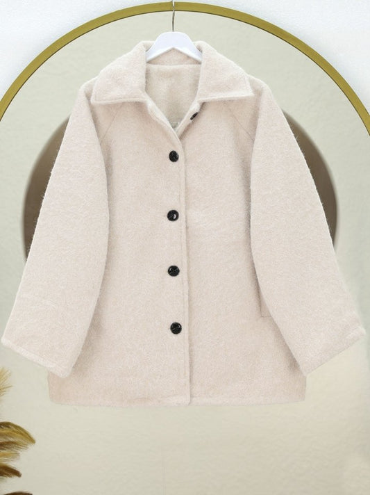 Çift Cepli Önü Düğmeli Astarlı Buklet Kaban -Ekru