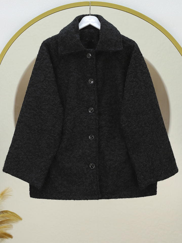 Çift Cepli Önü Düğmeli Astarlı Buklet Kaban -Siyah