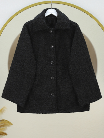 Çift Cepli Önü Düğmeli Astarlı Buklet Kaban -Siyah