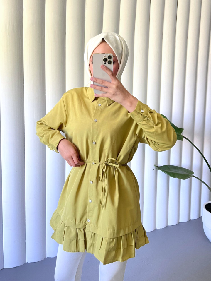 Etek Ucu Katlı Fırfırlı Düğmeli Poplin Gömlek Tunik -Yağ Yeşili