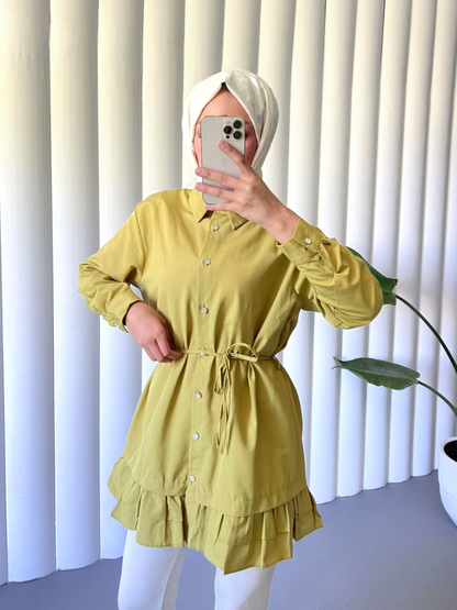 Etek Ucu Katlı Fırfırlı Düğmeli Poplin Gömlek Tunik -Yağ Yeşili