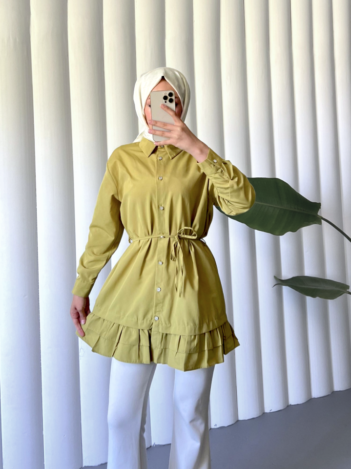Etek Ucu Katlı Fırfırlı Düğmeli Poplin Gömlek Tunik -Yağ Yeşili