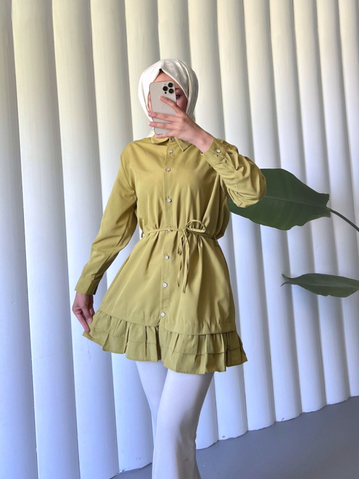 Etek Ucu Katlı Fırfırlı Düğmeli Poplin Gömlek Tunik -Yağ Yeşili