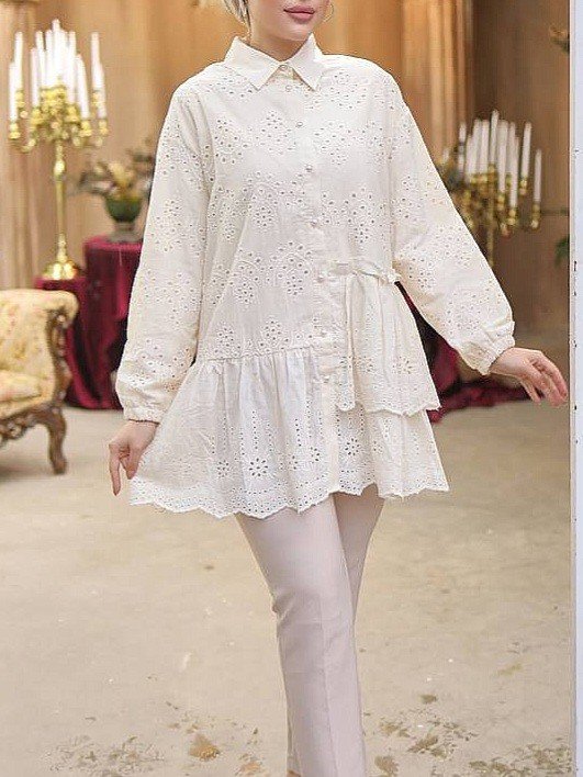 Fırfır Ve Fisto Detaylı İnci Düğmeli Gömlek -Bej