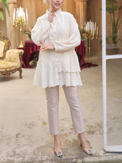 Fırfır Ve Fisto Detaylı İnci Düğmeli Gömlek -Bej