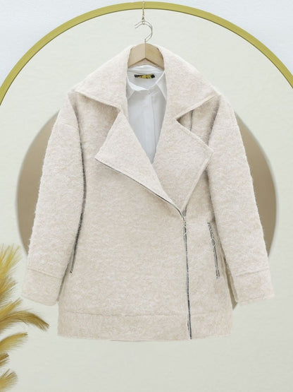 Önü Ve Cebi Fermuarlı Astarlı Buklet Ceket -Krem