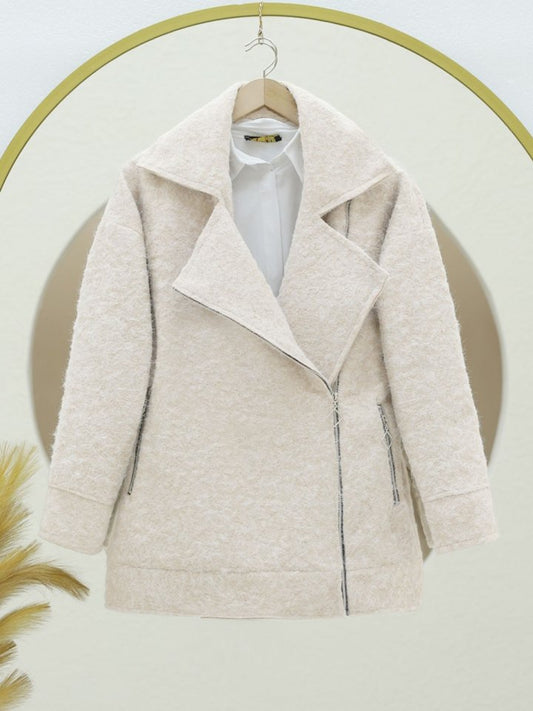 Önü Ve Cebi Fermuarlı Astarlı Buklet Ceket -Krem