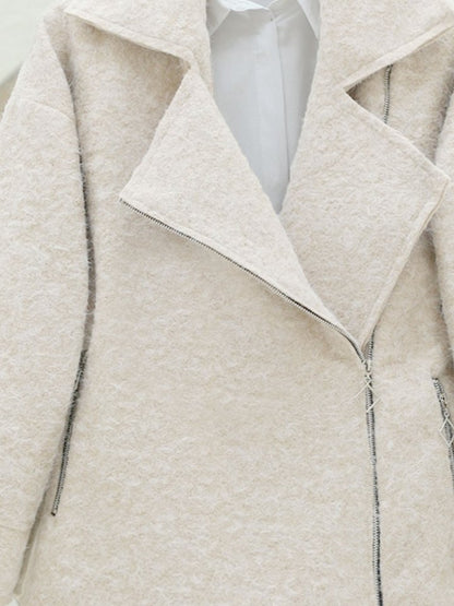 Önü Ve Cebi Fermuarlı Astarlı Buklet Ceket -Krem