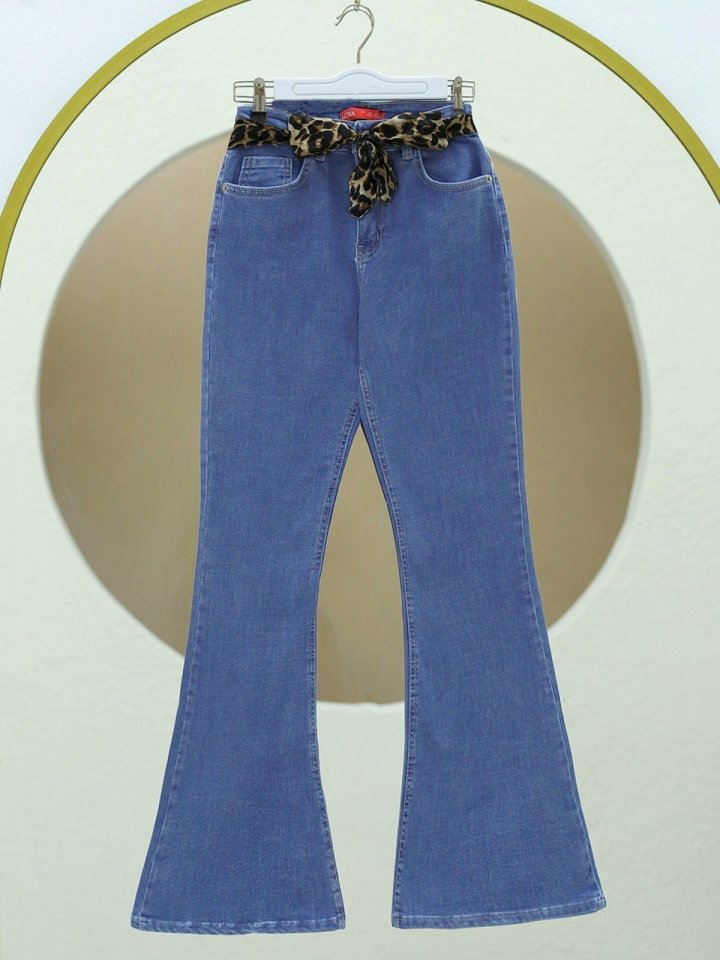 İspanyol Paça Fular Detaylı Kot Pntolon  -Mavi