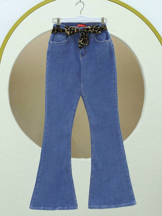 İspanyol Paça Fular Detaylı Kot Pntolon  -Mavi