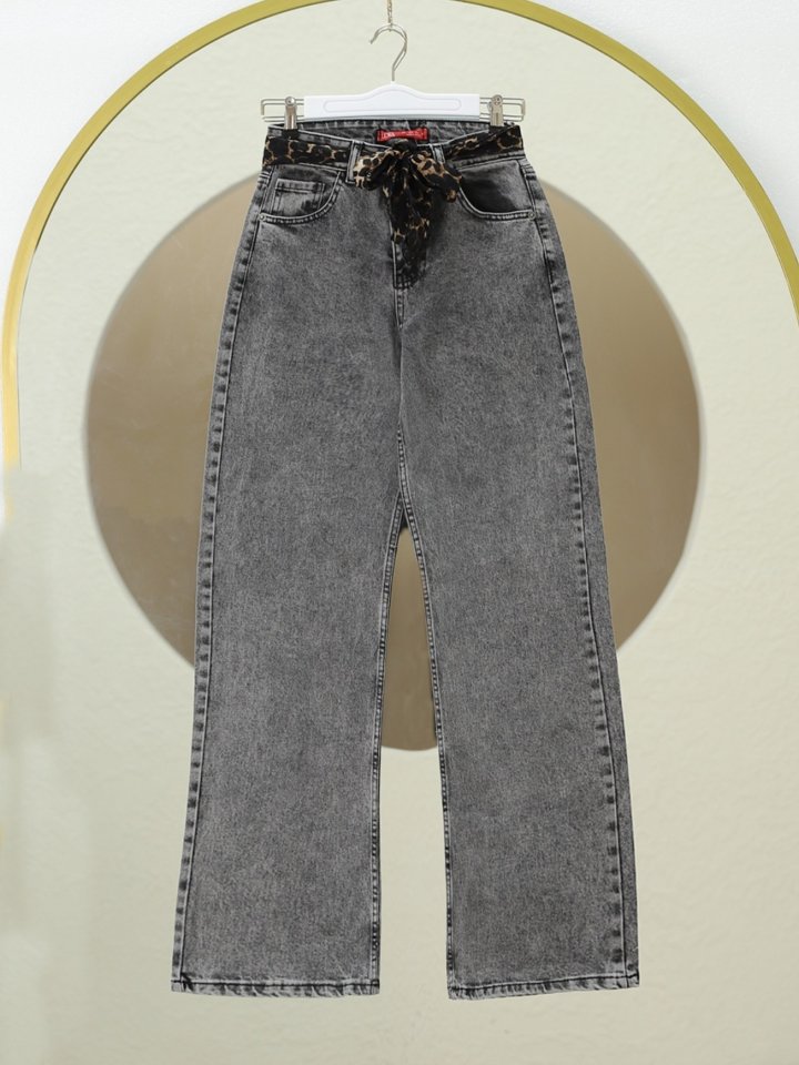 Fular Detaylı Palazzo Kot Pantolon  -Füme