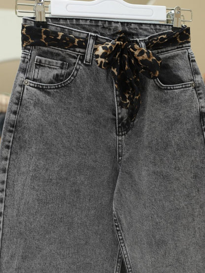 Fular Detaylı Palazzo Kot Pantolon  -Füme