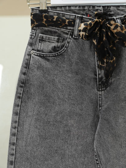 Fular Detaylı Palazzo Kot Pantolon  -Füme