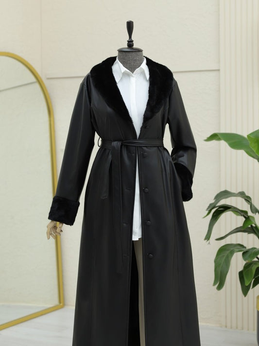 Kolu Ve Yakası Peluşlu Bağcıklı Deri Pardesü -Siyah