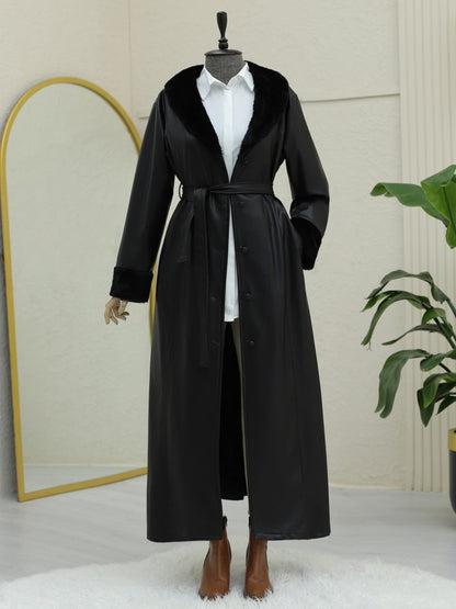 Kolu Ve Yakası Peluşlu Bağcıklı Deri Pardesü -Siyah