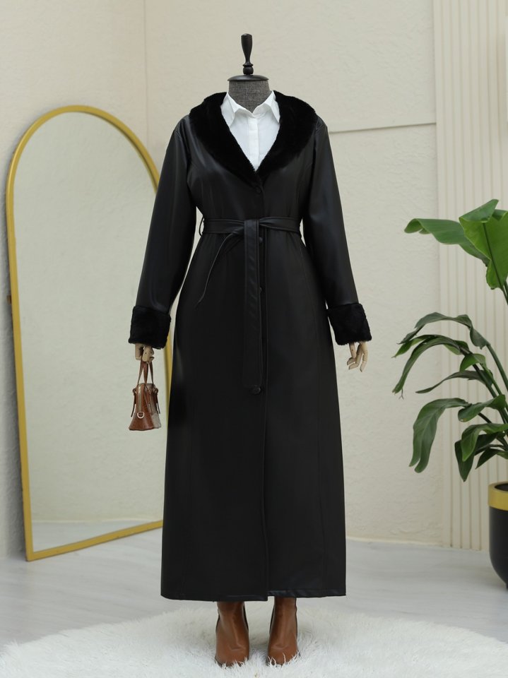 Kolu Ve Yakası Peluşlu Bağcıklı Deri Pardesü -Siyah