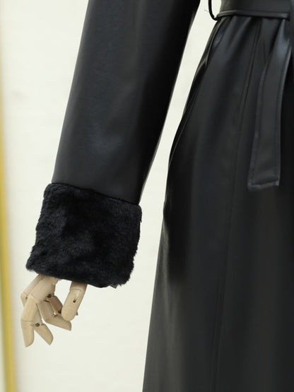 Kolu Ve Yakası Peluşlu Bağcıklı Deri Pardesü -Siyah