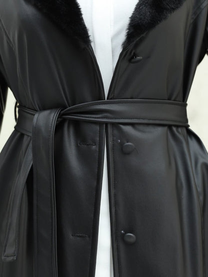 Kolu Ve Yakası Peluşlu Bağcıklı Deri Pardesü -Siyah