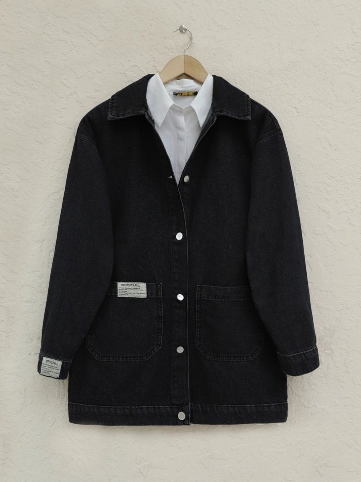 Torba Cepli Düğmeli Kot Ceket -Siyah