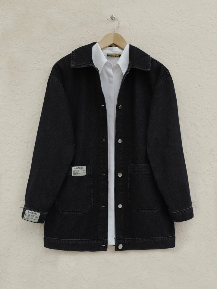 Torba Cepli Düğmeli Kot Ceket -Siyah