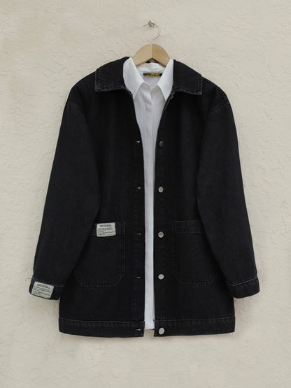 Torba Cepli Düğmeli Kot Ceket -Siyah