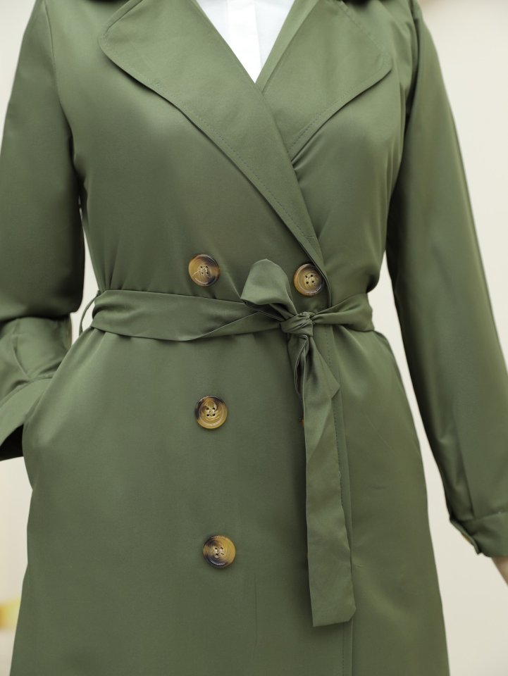 Önü Düğmeli Kuşaklı Cepli Trençkot -Haki