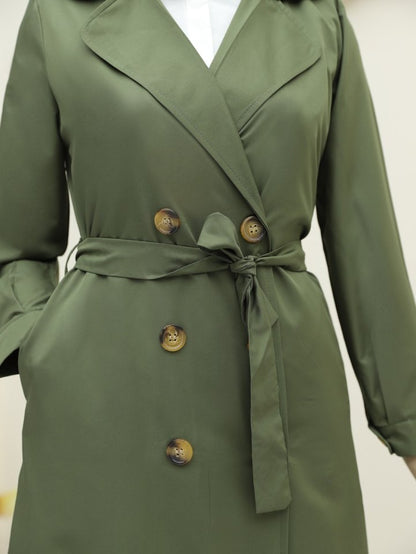 Önü Düğmeli Kuşaklı Cepli Trençkot -Haki
