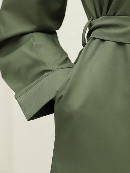 Önü Düğmeli Kuşaklı Cepli Trençkot -Haki