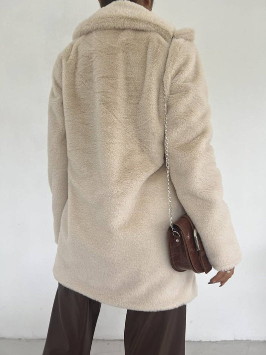 İçi Astarlı Cepli Kürklü Ceket -Taş