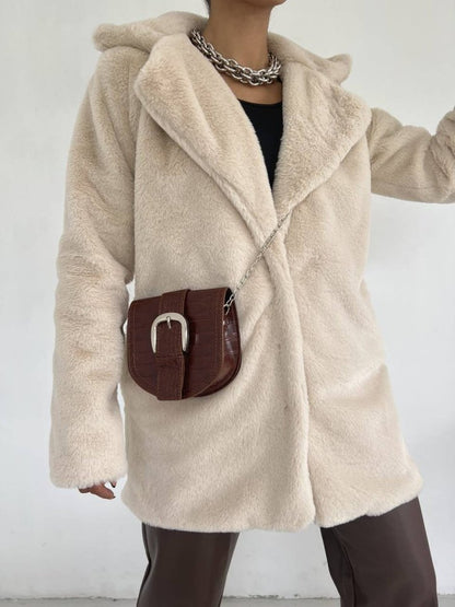 İçi Astarlı Cepli Kürklü Ceket -Taş