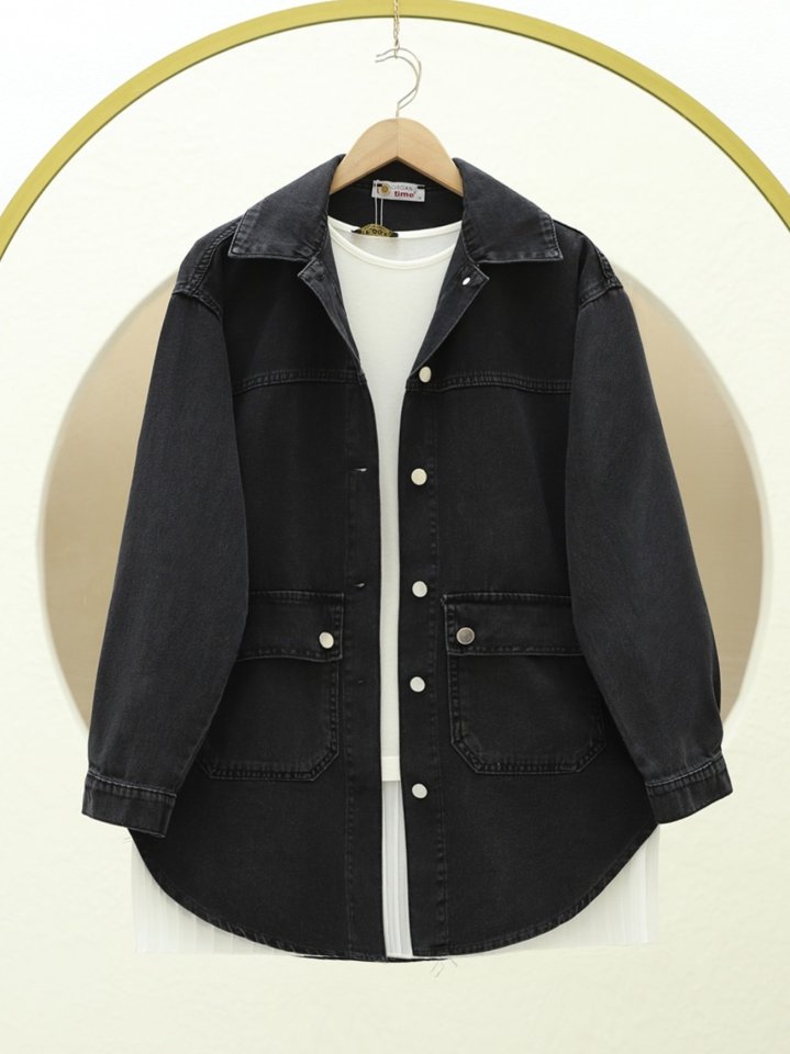 Torba Cepli Oval Kesim Kot Gömlek Ceket -Siyah