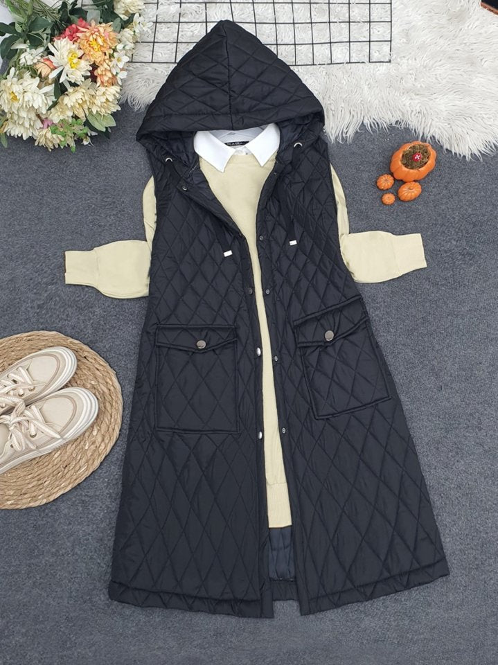 Kapaklı Cepli Kapitone Yelek -Siyah