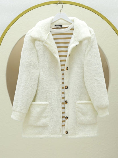 Boydan Düğmeli Cepli Pelüş Ceket -Ekru