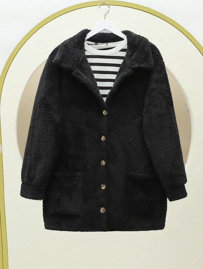 Boydan Düğmeli Cepli Pelüş Ceket -Siyah