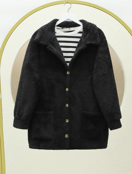 Boydan Düğmeli Cepli Pelüş Ceket -Siyah