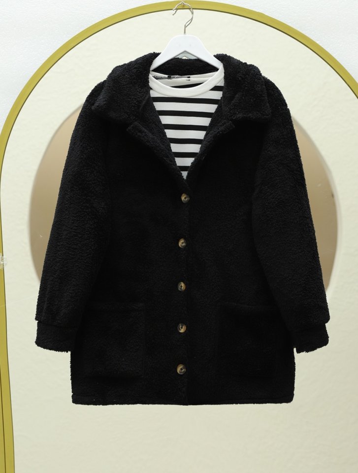 Boydan Düğmeli Cepli Pelüş Ceket -Siyah