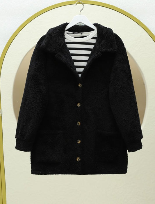 Boydan Düğmeli Cepli Pelüş Ceket -Siyah