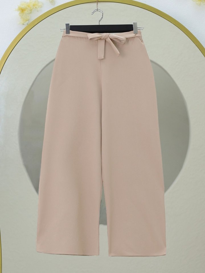 Beli Lastikli Bağlamalı  Bol Paça Pantolon  -Bej