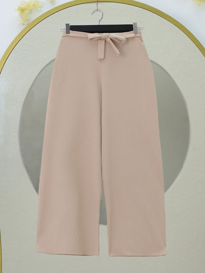 Beli Lastikli Bağlamalı  Bol Paça Pantolon  -Bej