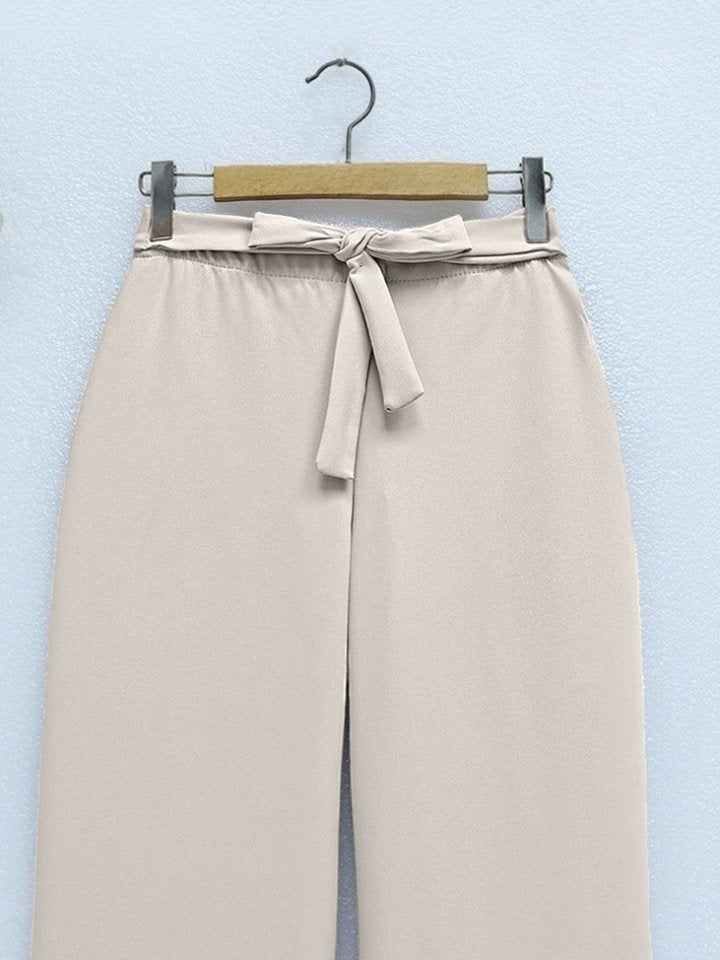 Beli Lastikli Bağlamalı  Bol Paça Pantolon  -Bej