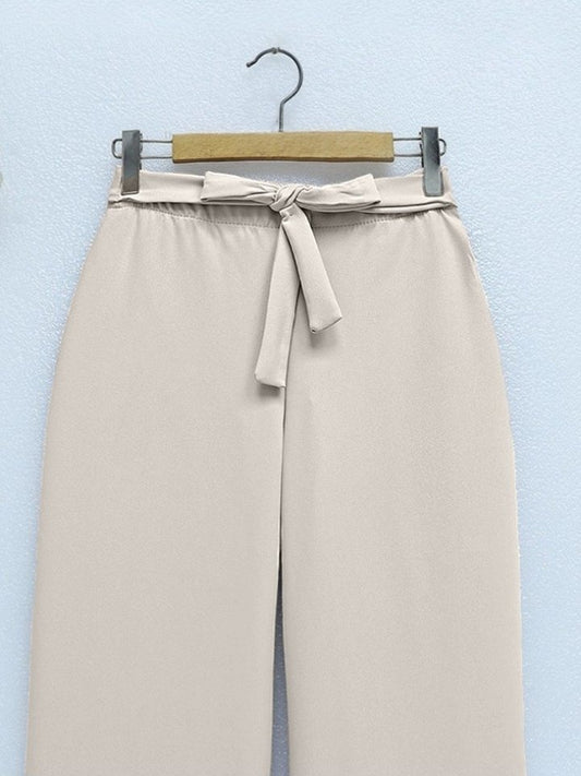 Beli Lastikli Bağlamalı  Bol Paça Pantolon  -Bej