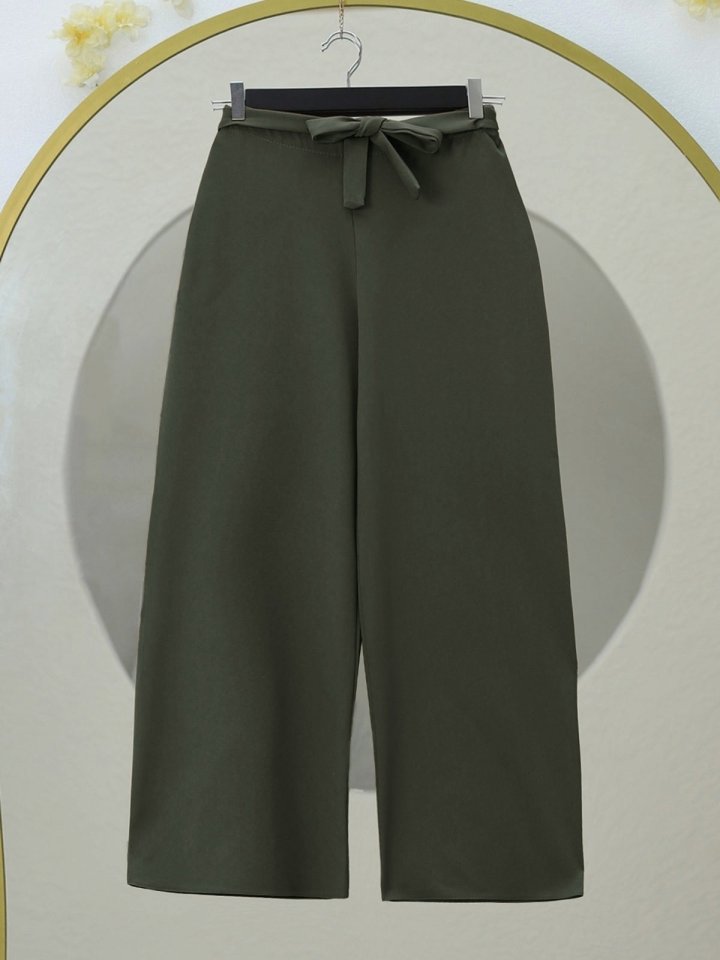 Beli Lastikli Bağlamalı  Bol Paça Pantolon  -Haki