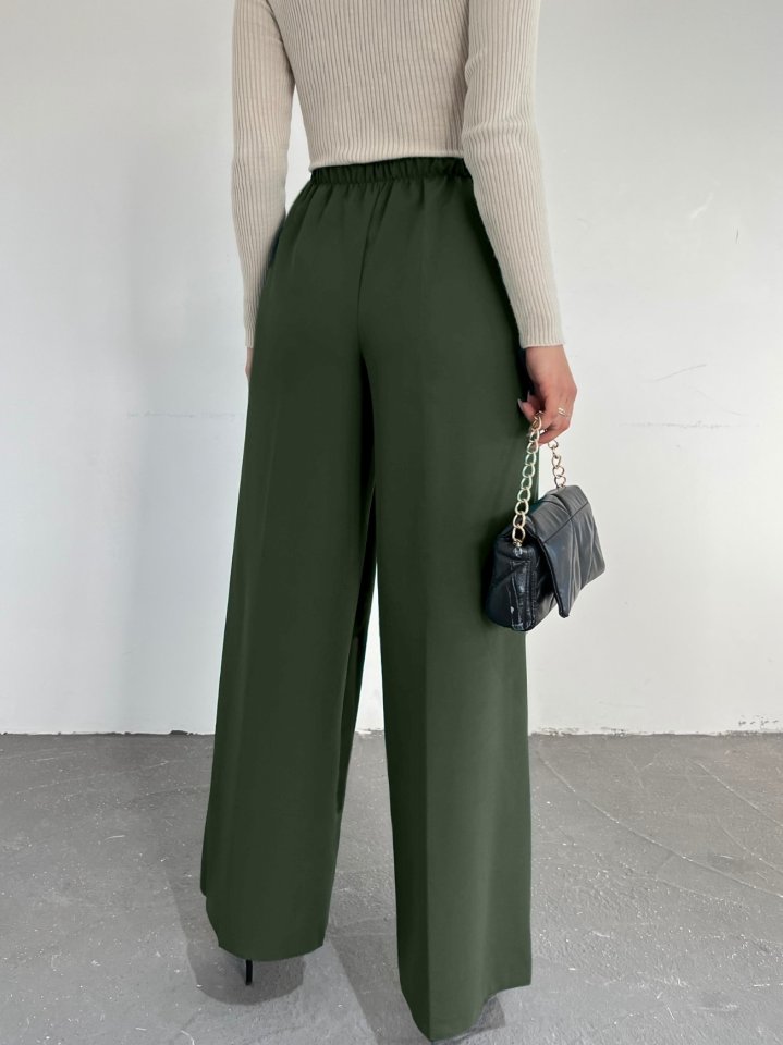 Beli Lastikli Bağlamalı  Bol Paça Pantolon  -Haki