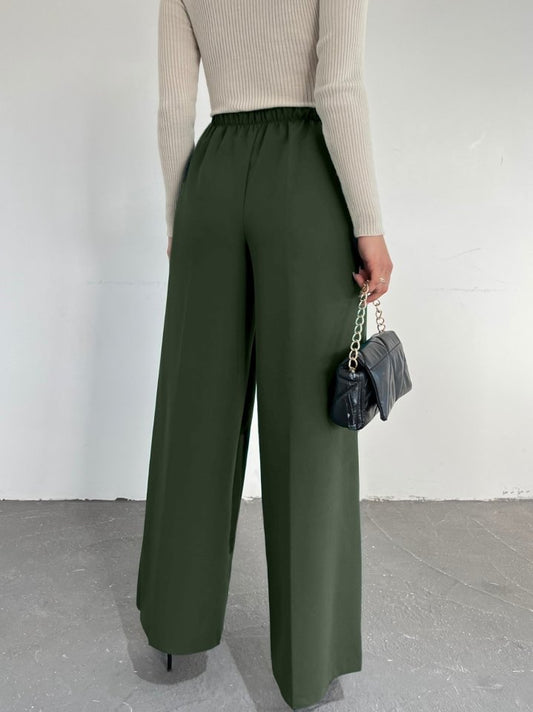 Beli Lastikli Bağlamalı  Bol Paça Pantolon  -Haki