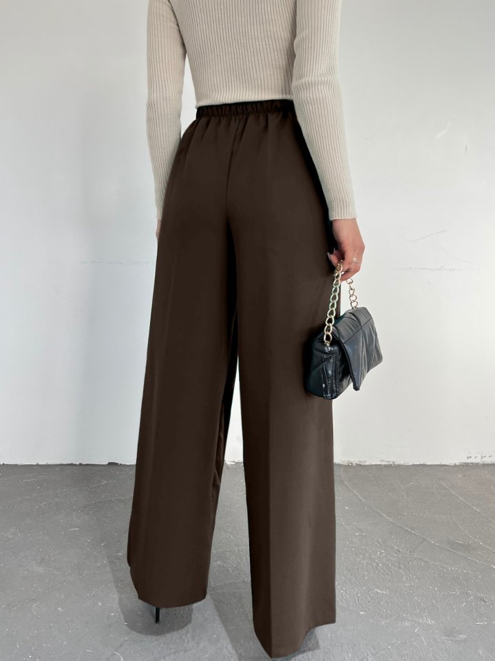 Beli Lastikli Bağlamalı  Bol Paça Pantolon  -K. Kahve