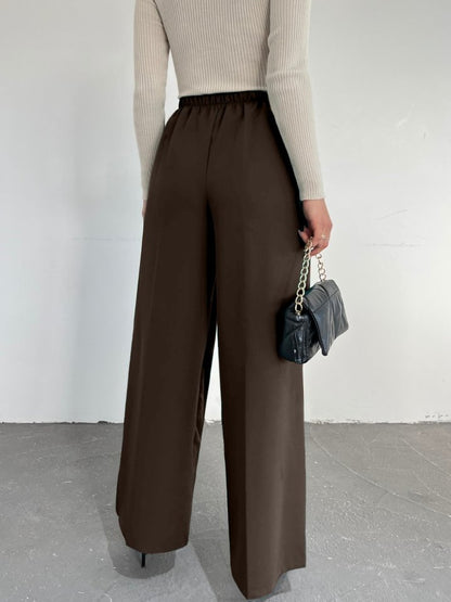 Beli Lastikli Bağlamalı  Bol Paça Pantolon  -K. Kahve