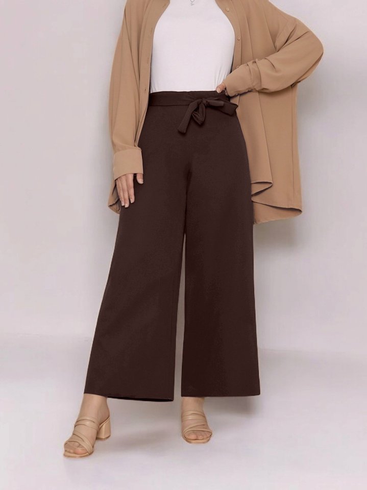 Beli Lastikli Bağlamalı  Bol Paça Pantolon  -K. Kahve