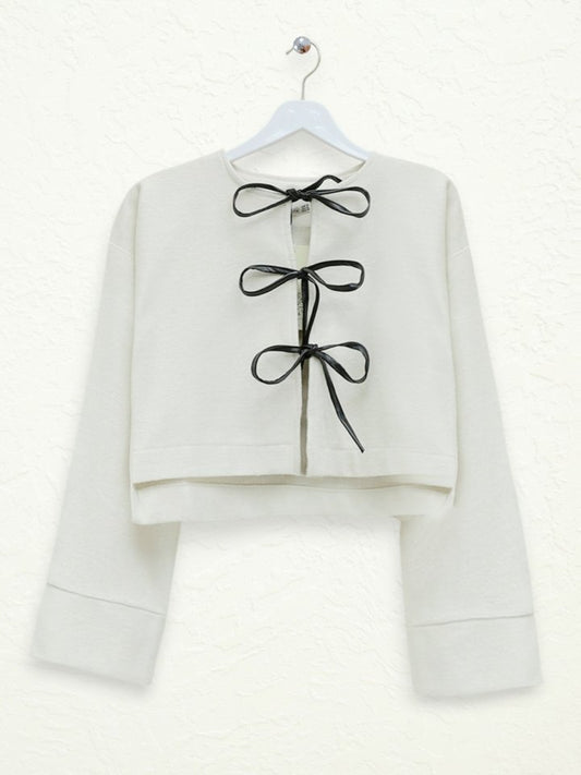 Önü Bağcıklı Kaşe Ceket -Krem