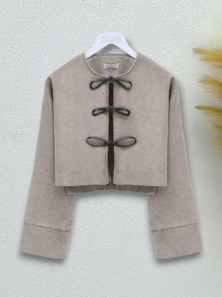 Önü Bağcıklı Kaşe Ceket -Vizon